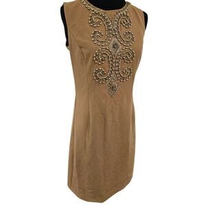 Ellen Tracy Camel Tan Beaded Embellished Neckline Shift Dress NWT Size 2